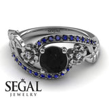 Unique Engagement Ring Diamond ring 14K White Gold Flowers And Leafs Black Diamond With Diamond And Sapphire 