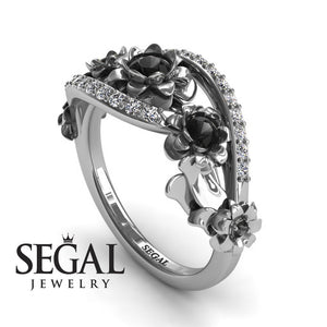 Unique Engagement Ring Diamond ring 14K White Gold Flowers And Leafs Black Diamond With Diamond 