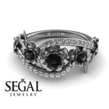 Unique Engagement Ring Diamond ring 14K White Gold Flowers And Leafs Black Diamond With Diamond 