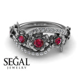 Unique Engagement Ring Diamond ring 14K White Gold Flowers And Leafs Ruby With Diamond 