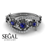 Unique Engagement Ring Diamond ring 14K White Gold Flowers And Leafs Sapphire With Diamond 
