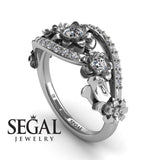 Unique Engagement Ring Diamond ring 14K White Gold Flowers And Leafs Diamond 