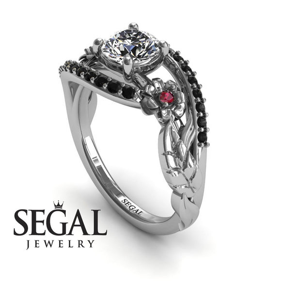Unique Engagement Ring Diamond ring 14K White Gold Flowers And Leafs Diamond With Ruby And Black Diamond 