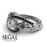 Unique Engagement Ring Diamond ring 14K White Gold Flowers And Leafs Diamond With Ruby And Black Diamond 