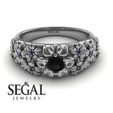 Unique Engagement Ring Diamond ring 14K White Gold Flowers Vintage Antique Black Diamond With Sapphire 