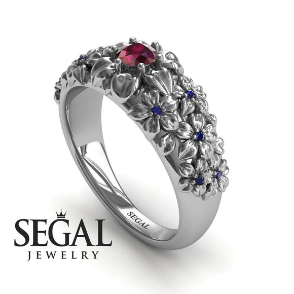 Unique Engagement Ring Diamond ring 14K White Gold Flowers Vintage Antique Ruby With Sapphire 