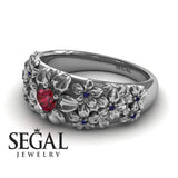Unique Engagement Ring Diamond ring 14K White Gold Flowers Vintage Antique Ruby With Sapphire 