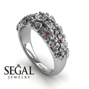 Unique Engagement Ring Diamond ring 14K White Gold Flowers Vintage Antique Diamond With Ruby 