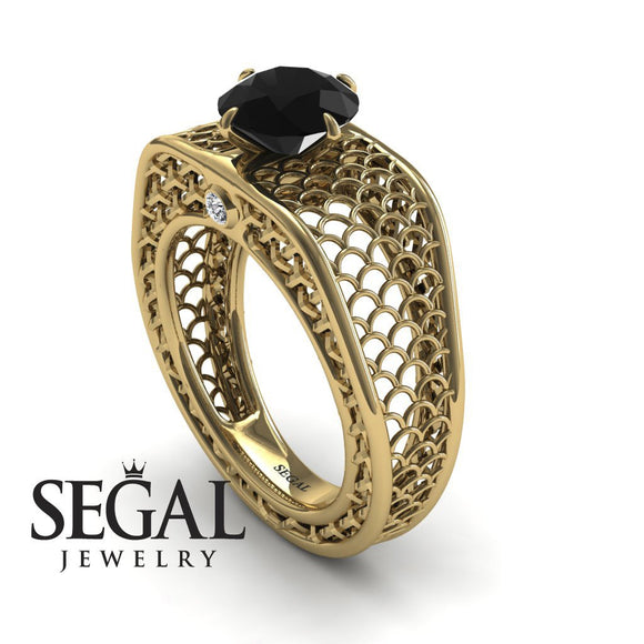 Unique Engagement Ring Diamond ring 14K Yellow Gold Art Deco Black Diamond With Diamond 