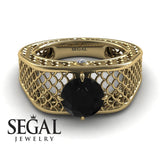 Unique Engagement Ring Diamond ring 14K Yellow Gold Art Deco Black Diamond With Diamond 