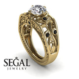 Unique Engagement Ring Diamond ring 14K Yellow Gold Art Deco FiligreeDiamond With Black Diamond 
