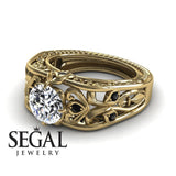 Unique Engagement Ring Diamond ring 14K Yellow Gold Art Deco FiligreeDiamond With Black Diamond 