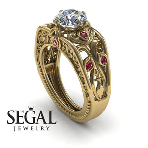 Unique Engagement Ring Diamond ring 14K Yellow Gold Art Deco FiligreeDiamond With Ruby 