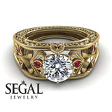 Unique Engagement Ring Diamond ring 14K Yellow Gold Art Deco FiligreeDiamond With Ruby 