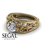 Unique Engagement Ring Diamond ring 14K Yellow Gold Art Deco FiligreeDiamond With Ruby 