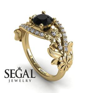 Unique Engagement Ring Diamond ring 14K Yellow Gold Floral And Leafs Black Diamond With Diamond 