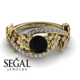 Unique Engagement Ring Diamond ring 14K Yellow Gold Floral And Leafs Black Diamond With Diamond 