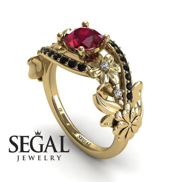 Unique Engagement Ring Diamond ring 14K Yellow Gold Floral And Leafs Ruby With Diamond And Black Diamond 