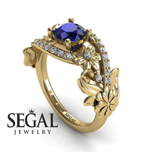 Unique Engagement Ring Diamond ring 14K Yellow Gold Floral And Leafs Sapphire With Diamond 