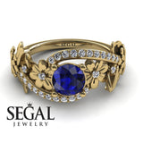 Unique Engagement Ring Diamond ring 14K Yellow Gold Floral And Leafs Sapphire With Diamond 