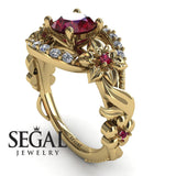 Unique Engagement Ring Diamond ring 14K Yellow Gold Floral And Leafs Vintage Ruby With Diamond 