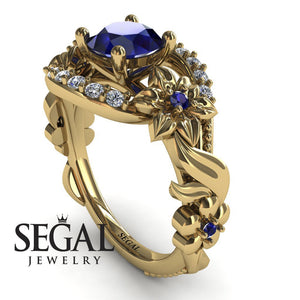Unique Engagement Ring Diamond ring 14K Yellow Gold Floral And Leafs Vintage Sapphire With Diamond 
