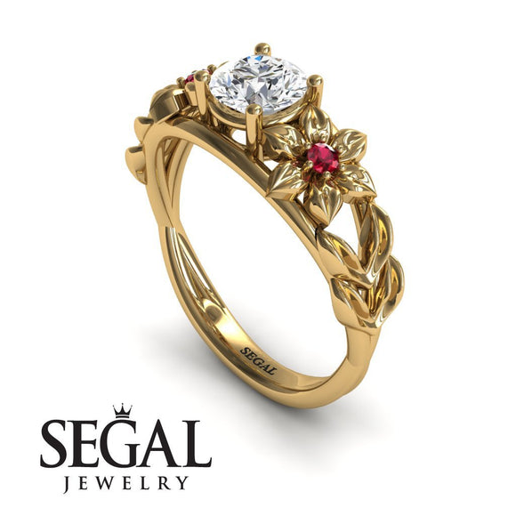 Unique Engagement Ring Diamond ring 14K Yellow Gold Floral Flowers And Leafs Vintage Art Deco Diamond With Ruby 
