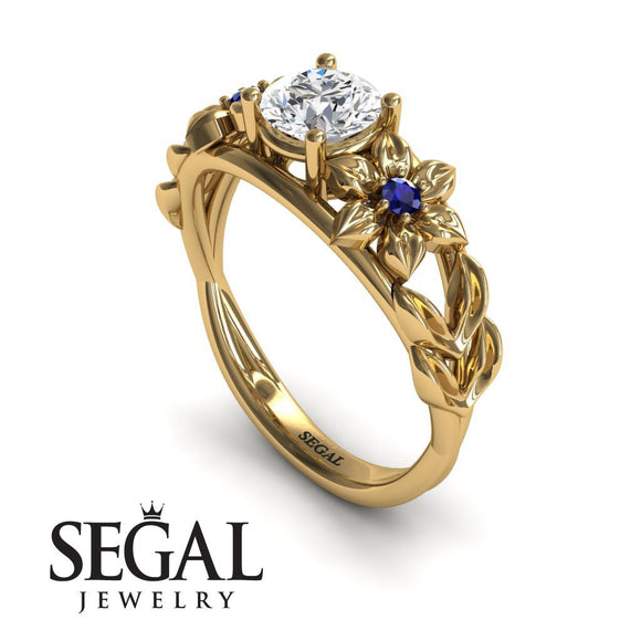 Unique Engagement Ring Diamond ring 14K Yellow Gold Floral Flowers And Leafs Vintage Art Deco Diamond With Sapphire 