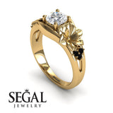 Unique Engagement Ring Diamond ring 14K Yellow Gold Floral Flowers Vintage Antique Diamond With Black Diamond 