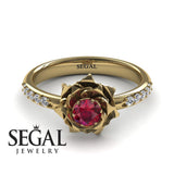 Unique Engagement Ring Diamond ring 14K Yellow Gold Flower Vintage Antique Ruby With Ruby 