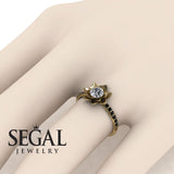 Unique Engagement Ring Diamond ring 14K Yellow Gold Flower Diamond With Black Diamond 