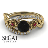 Unique Engagement Ring Diamond ring 14K Yellow Gold Flowers And Leafs Black Diamond With Ruby And White diamond 