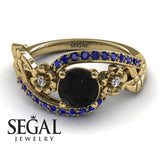 Unique Engagement Ring Diamond ring 14K Yellow Gold Flowers And Leafs Black Diamond With Diamond And Sapphire 