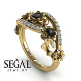 Unique Engagement Ring Diamond ring 14K Yellow Gold Flowers And Leafs Black Diamond With Diamond 