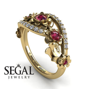 Unique Engagement Ring Diamond ring 14K Yellow Gold Flowers And Leafs Ruby With Diamond 
