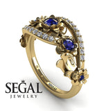Unique Engagement Ring Diamond ring 14K Yellow Gold Flowers And Leafs Sapphire With Diamond 