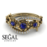 Unique Engagement Ring Diamond ring 14K Yellow Gold Flowers And Leafs Sapphire With Diamond 