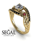 Unique Engagement Ring Diamond ring 14K Yellow Gold Flowers And Leafs Diamond With Ruby And Black Diamond 