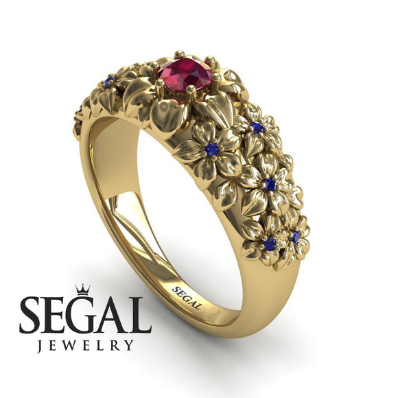 Unique Engagement Ring Diamond ring 14K Yellow Gold Flowers Vintage Antique Ruby With Sapphire 