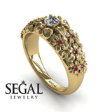 Unique Engagement Ring Diamond ring 14K Yellow Gold Flowers Vintage Antique Diamond With Ruby 