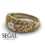 Unique Engagement Ring Diamond ring 14K Yellow Gold Flowers Vintage Antique Diamond With Ruby 