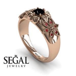 Unique Engagement ring 14K Rose Gold Flowers RingVictorian Black Diamond With Ruby 