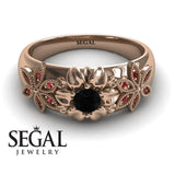 Unique Engagement ring 14K Rose Gold Flowers RingVictorian Black Diamond With Ruby 