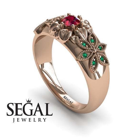 Unique Engagement ring 14K Rose Gold Flowers RingVictorian Ruby With Green Emerald 