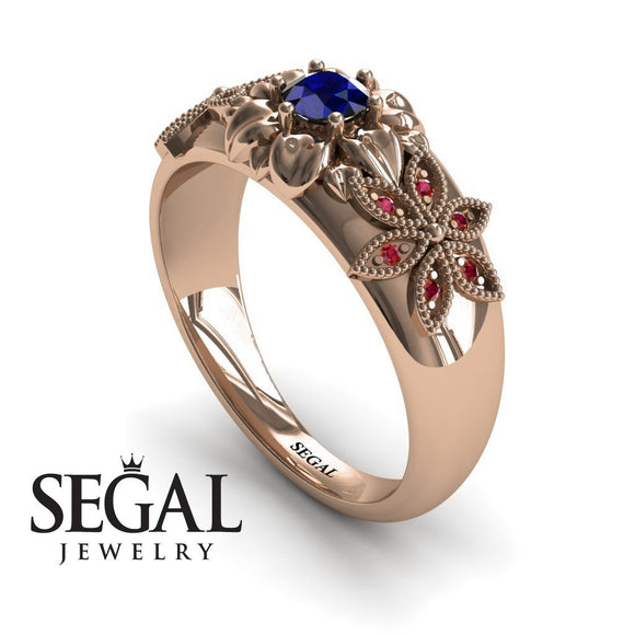 Unique Engagement ring 14K Rose Gold Flowers RingVictorian Sapphire With Ruby 