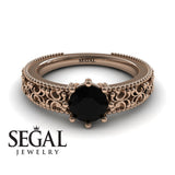 Unique Engagement ring 14K Rose Gold Vintage Ring Antique Art DecoBlack Diamond 