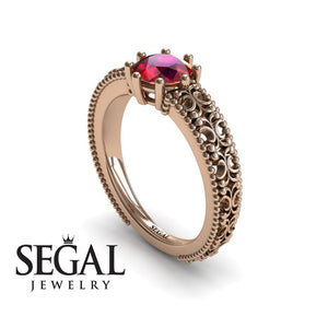Unique Engagement ring 14K Rose Gold Vintage Ring Antique Art DecoRuby 