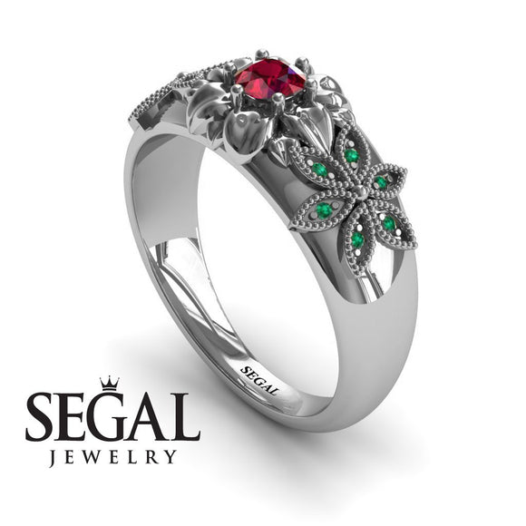 Unique Engagement ring 14K White Gold Flowers RingVictorian Ruby With Green Emerald 