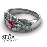 Unique Engagement ring 14K White Gold Flowers RingVictorian Ruby With Green Emerald 