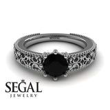 Unique Engagement ring 14K White Gold Vintage Ring Antique Art DecoBlack Diamond 